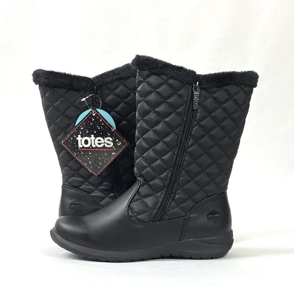 New Totes Jade Black Quilted Mid-Calf Winter Boot 8 - Picture 2 of 9
